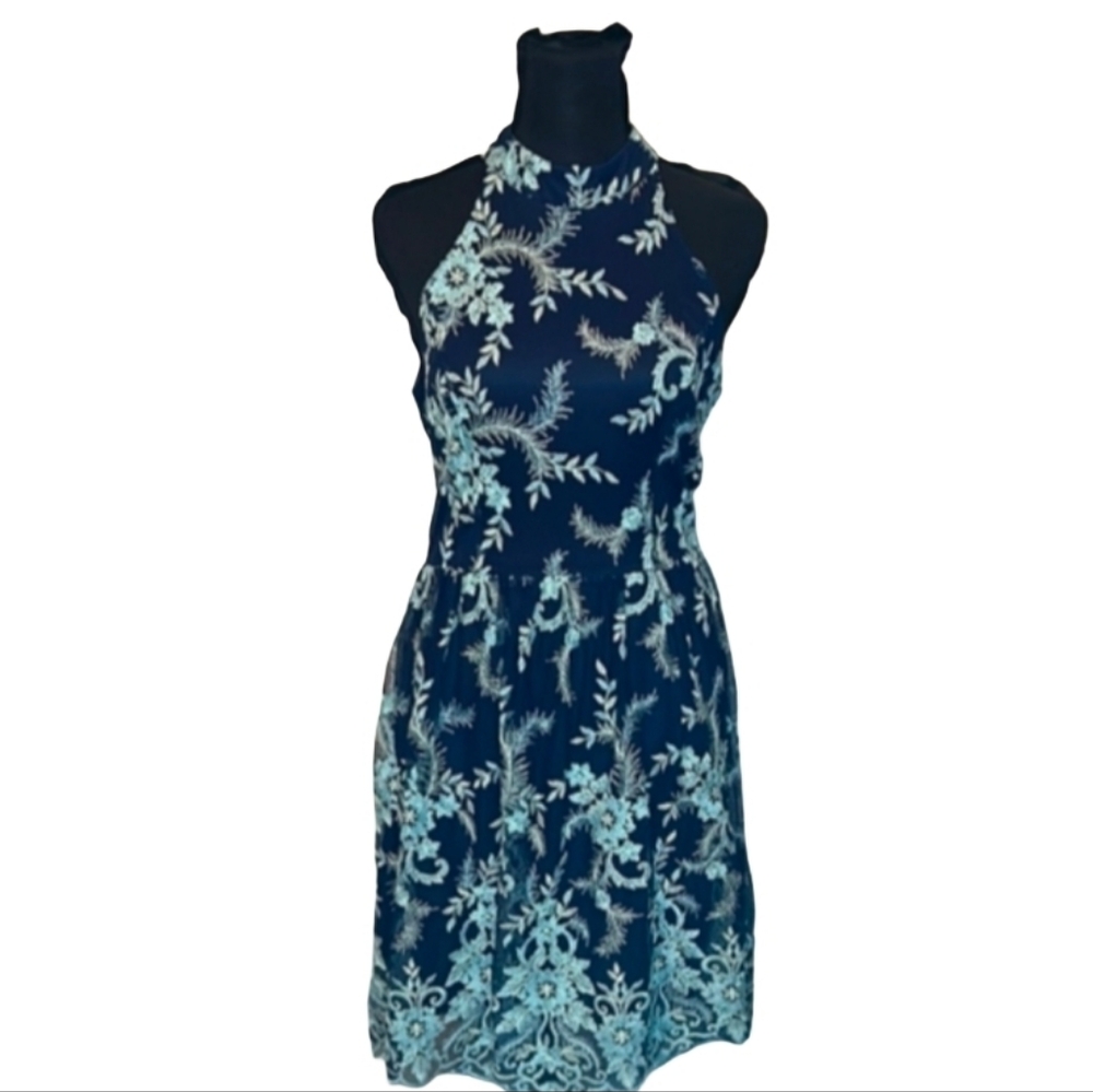 Miami Brand Navy Blue Floral Embroidered Halter Mini Dress Sz S